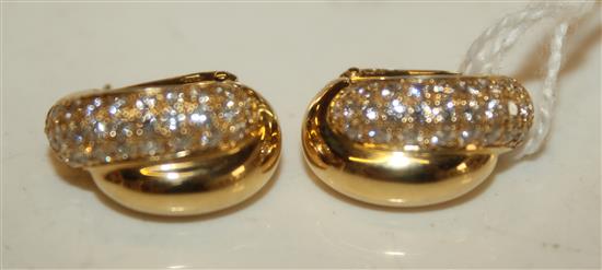 Pair of 18ct gold double hoop stud earrings, pave-set with diamonds